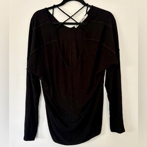 Michael Stars Black Ribbed V Neck Lace Up Long Sleeve Top Y2K Cottagecore Style
